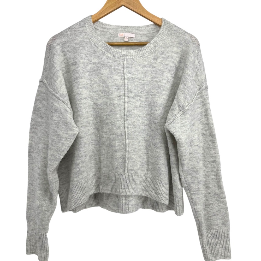 GB Gianni Bini Cropped Light Grey Knit Crew Neck Long Sleeve Sweater Top Size L‎